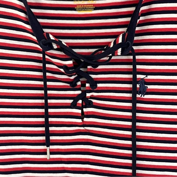 Polo Ralph Lauren Mini Shirt Dress Red Navy Stripe Tie Neck Preppy Size Small - Picture 9 of 10
